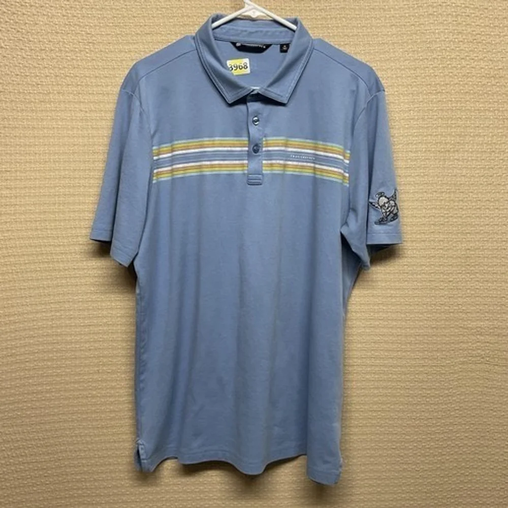 Travis Mathew Blue Stripe Custom Logo Short Sleeve Golf Polo Shirt Men XL‎